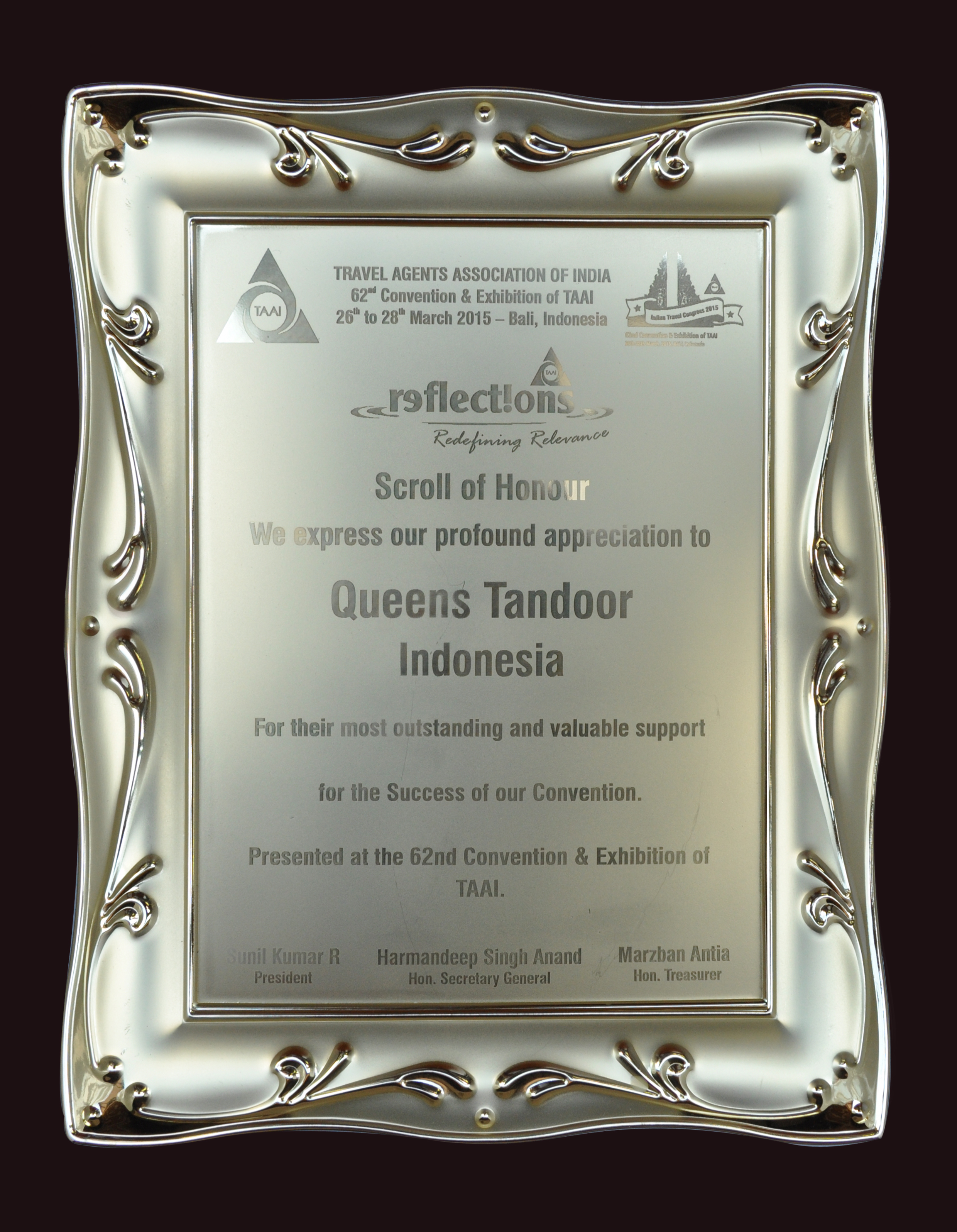 Appreciation for Supoort Queens Tandoor Indonesia from TAAI 2015